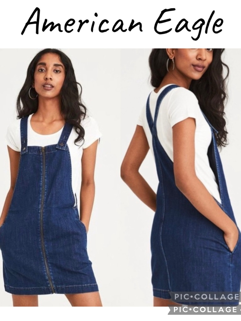 American Eagle Full Zip Front Denim Overall Dress With Pockets In Dark Indigo